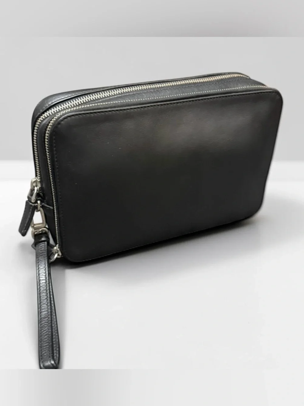 Prada Black Leather Double Zip Clutch Tavel Organizer